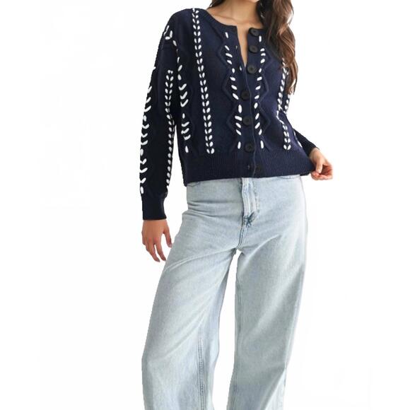 KNIT & LOUNGE Sweaters - NEW KNIT & LOUNGE button front cardigan with white stitch detailing in blue